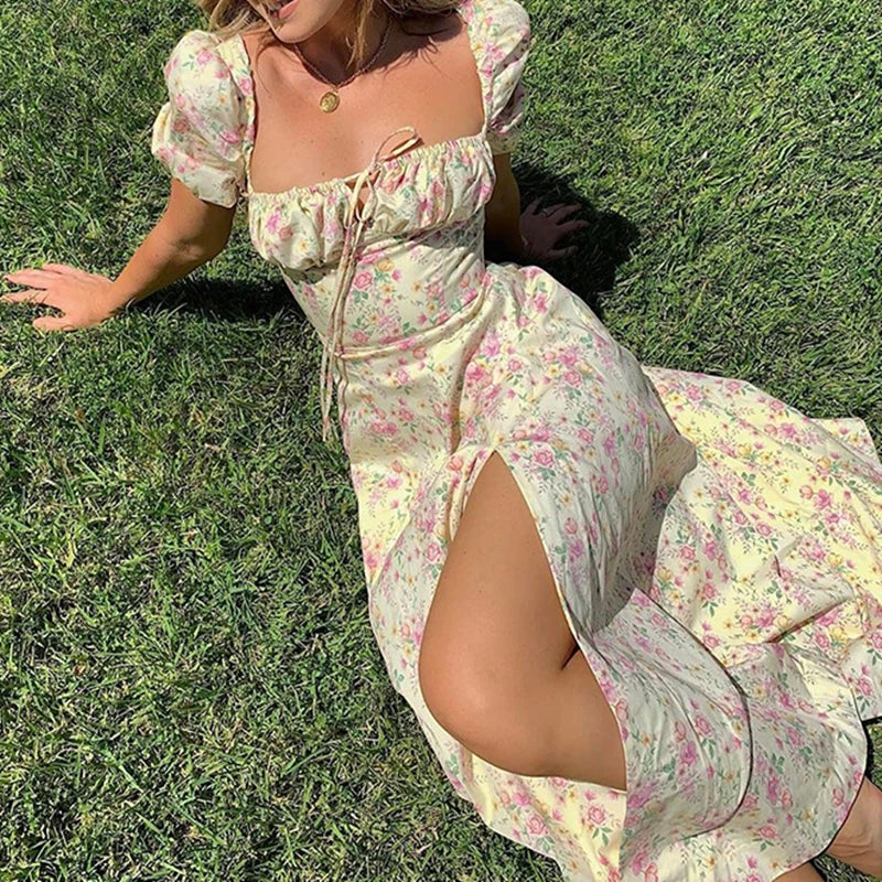 Women Floral Puff-Sleeve maxi Dress