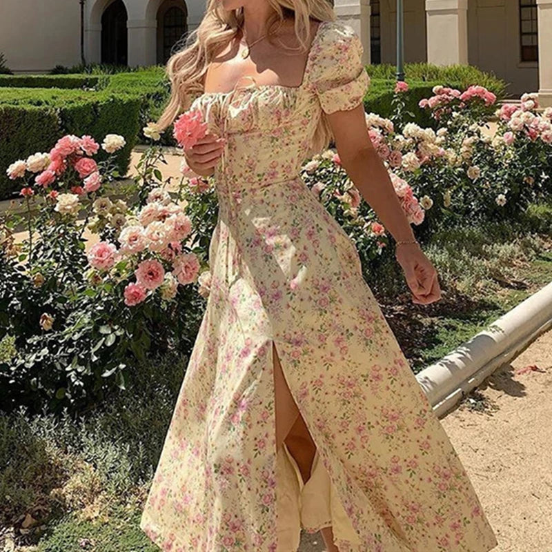 Women Floral Puff-Sleeve maxi Dress
