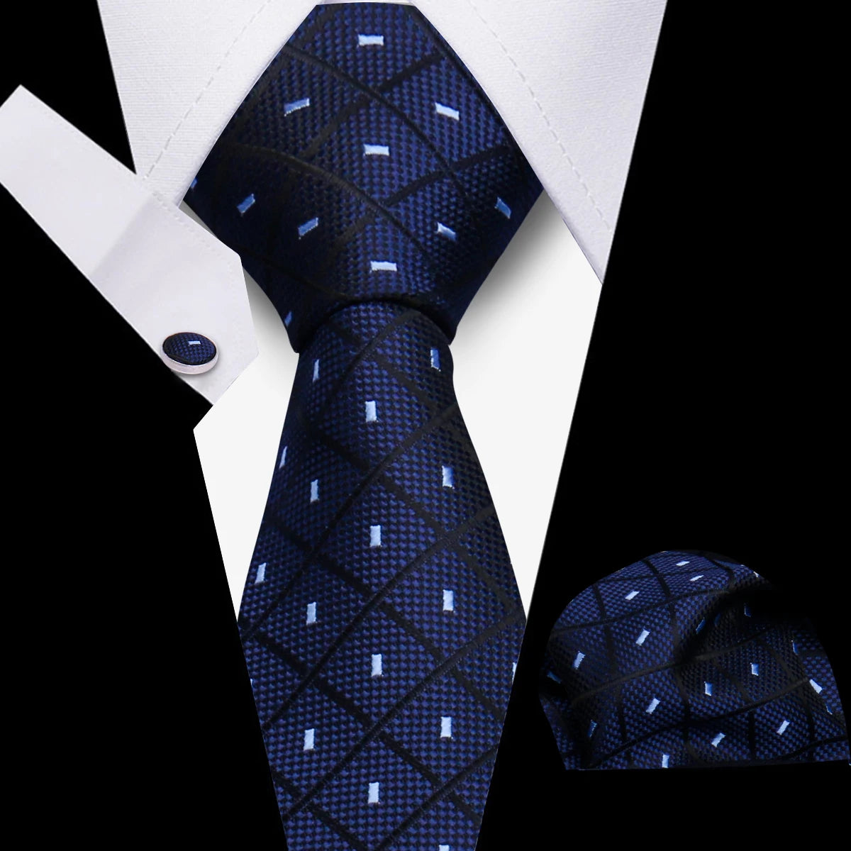 Men's Business Necktie Set Classic Plaid Cufflinks Handkerchief