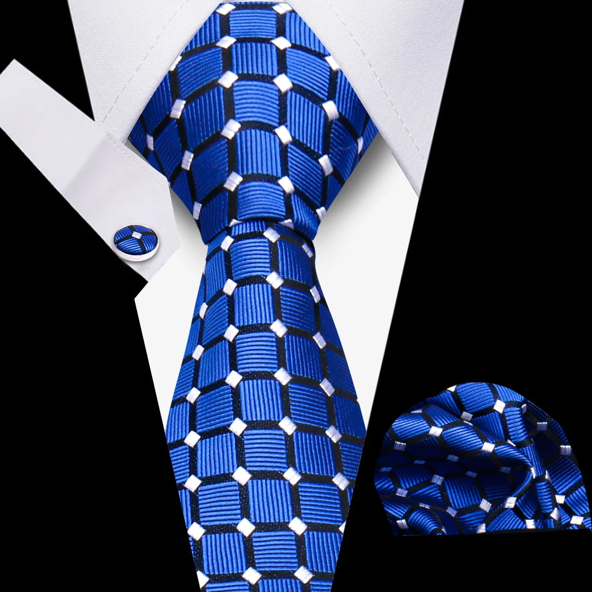 Men's Business Necktie Set Classic Plaid Cufflinks Handkerchief