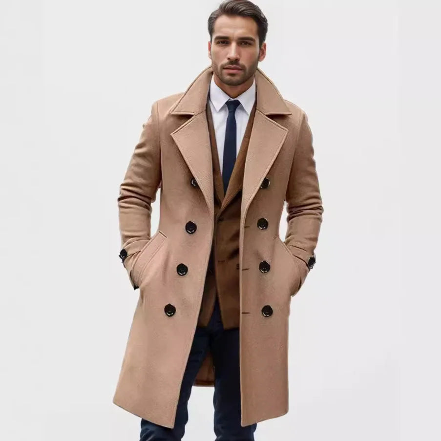 Men’s Double-Breasted Long Overcoat – Winter Outerwear