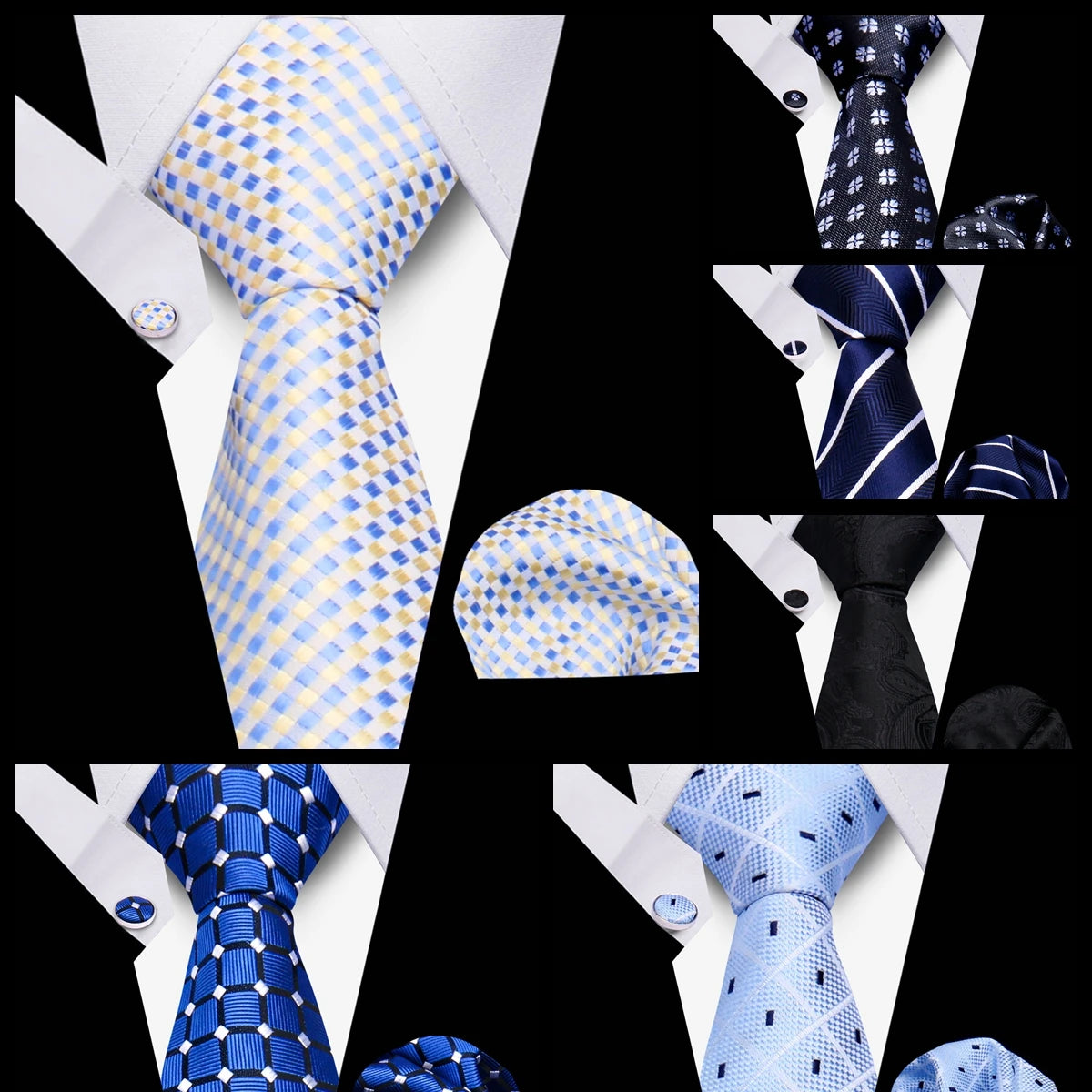 Men's Business Necktie Set Classic Plaid Cufflinks Handkerchief
