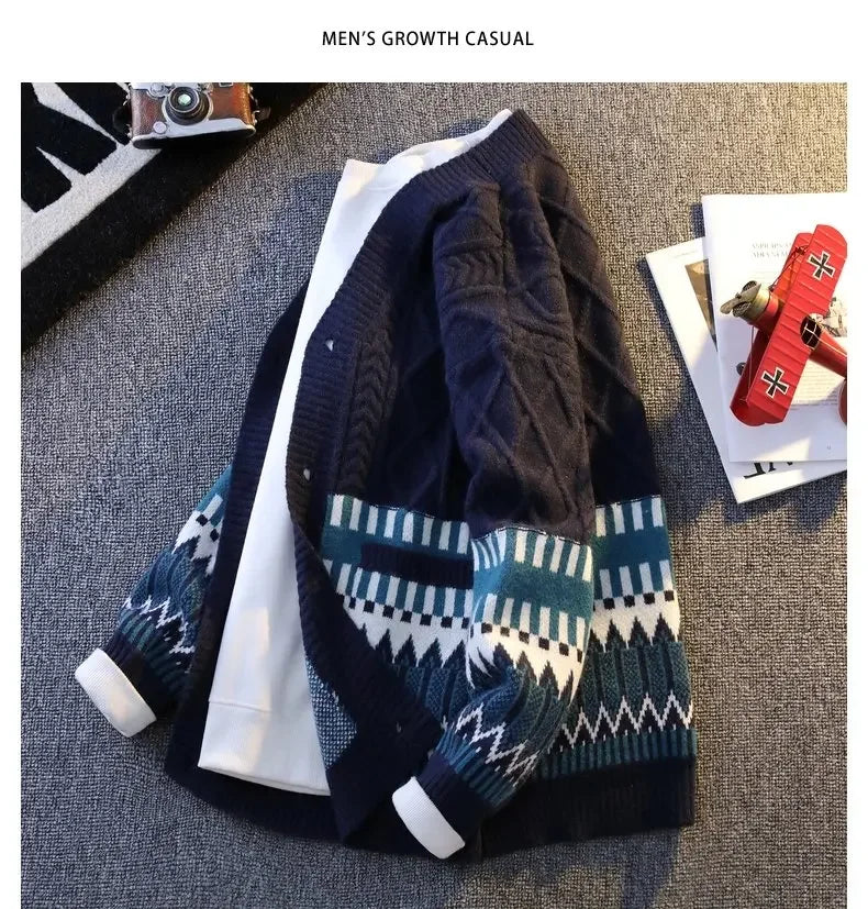 Retro Patchwork V-Neck Cardigan