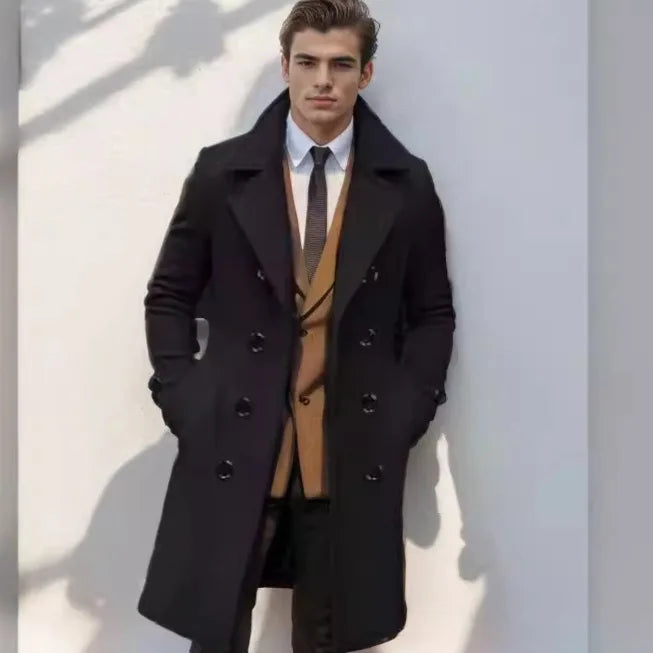 Men’s Double-Breasted Long Overcoat – Winter Outerwear