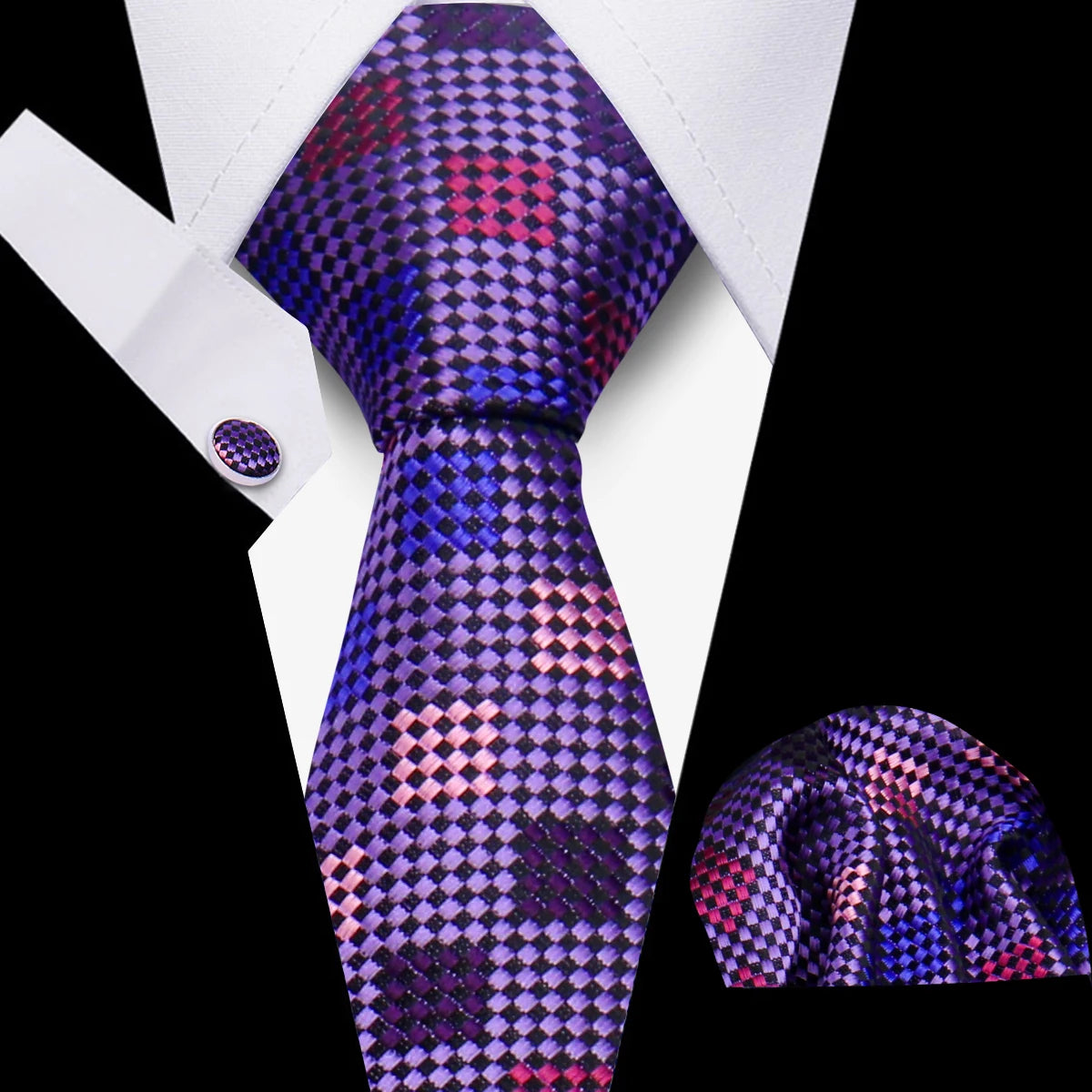 Men's Business Necktie Set Classic Plaid Cufflinks Handkerchief