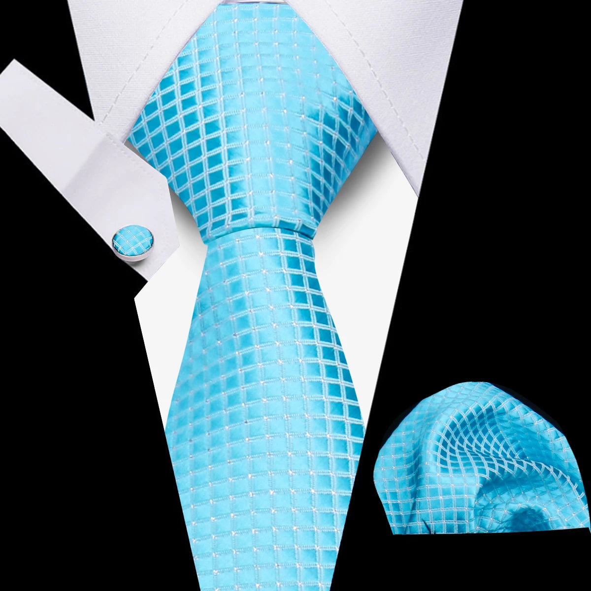 Men's Business Necktie Set Classic Plaid Cufflinks Handkerchief