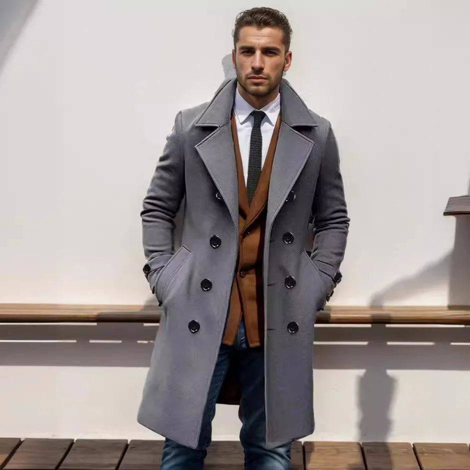Men’s Double-Breasted Long Overcoat – Winter Outerwear