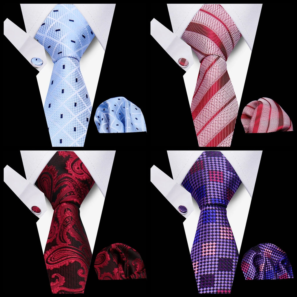 Men's Business Necktie Set Classic Plaid Cufflinks Handkerchief