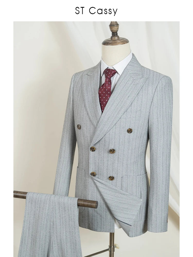 Men's Striped Double-Breasted Suit-Formal Occasion