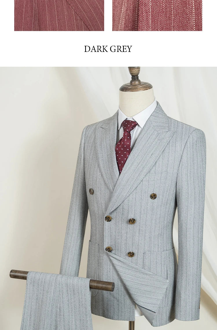 Men's Striped Double-Breasted Suit-Formal Occasion