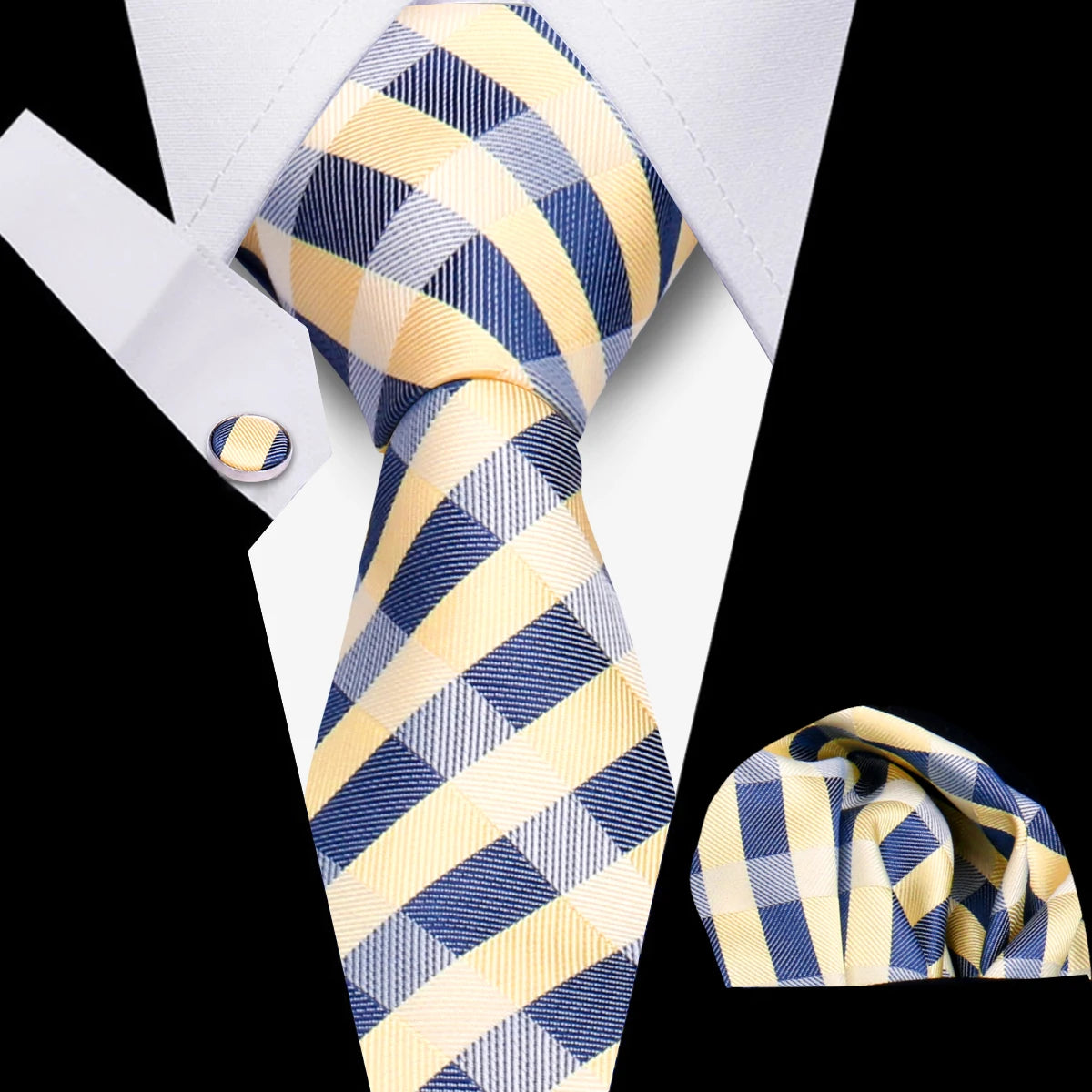 Men's Business Necktie Set Classic Plaid Cufflinks Handkerchief