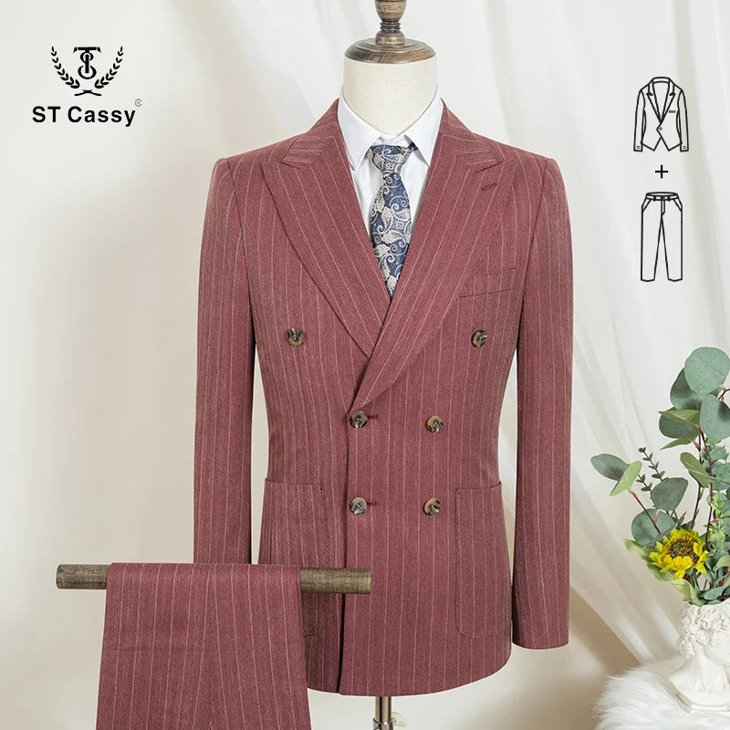 Men's Striped Double-Breasted Suit-Formal Occasion