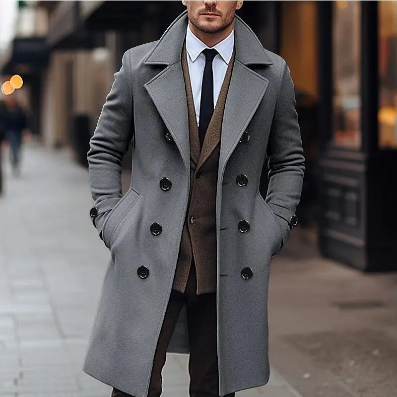 Men’s Double-Breasted Long Overcoat – Winter Outerwear