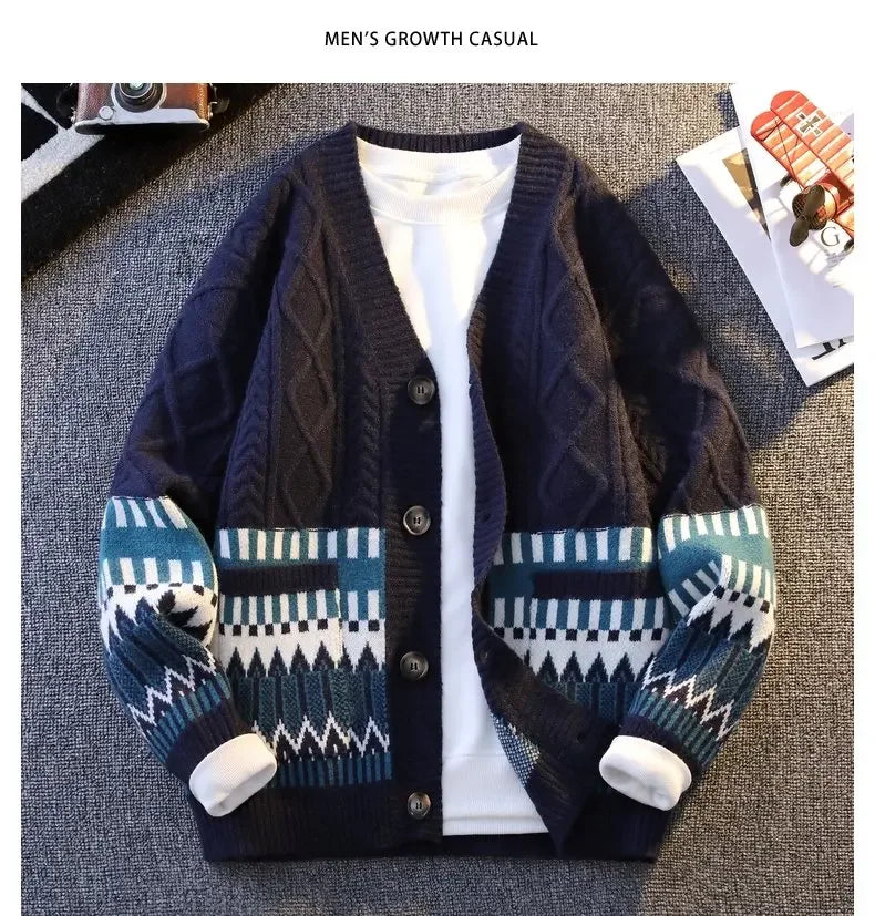 Retro Patchwork V-Neck Cardigan