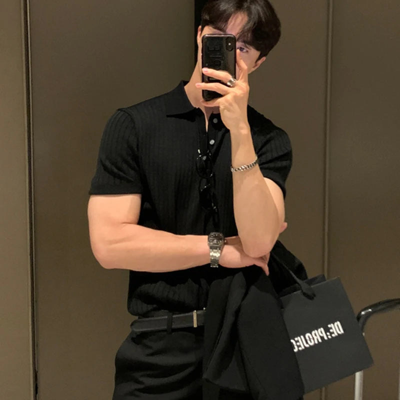 Men’s Knit Striped Polo Shirt – Short Sleeve