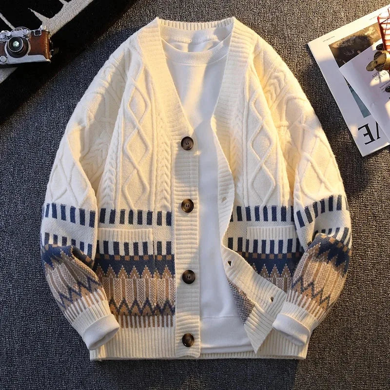 Retro Patchwork V-Neck Cardigan