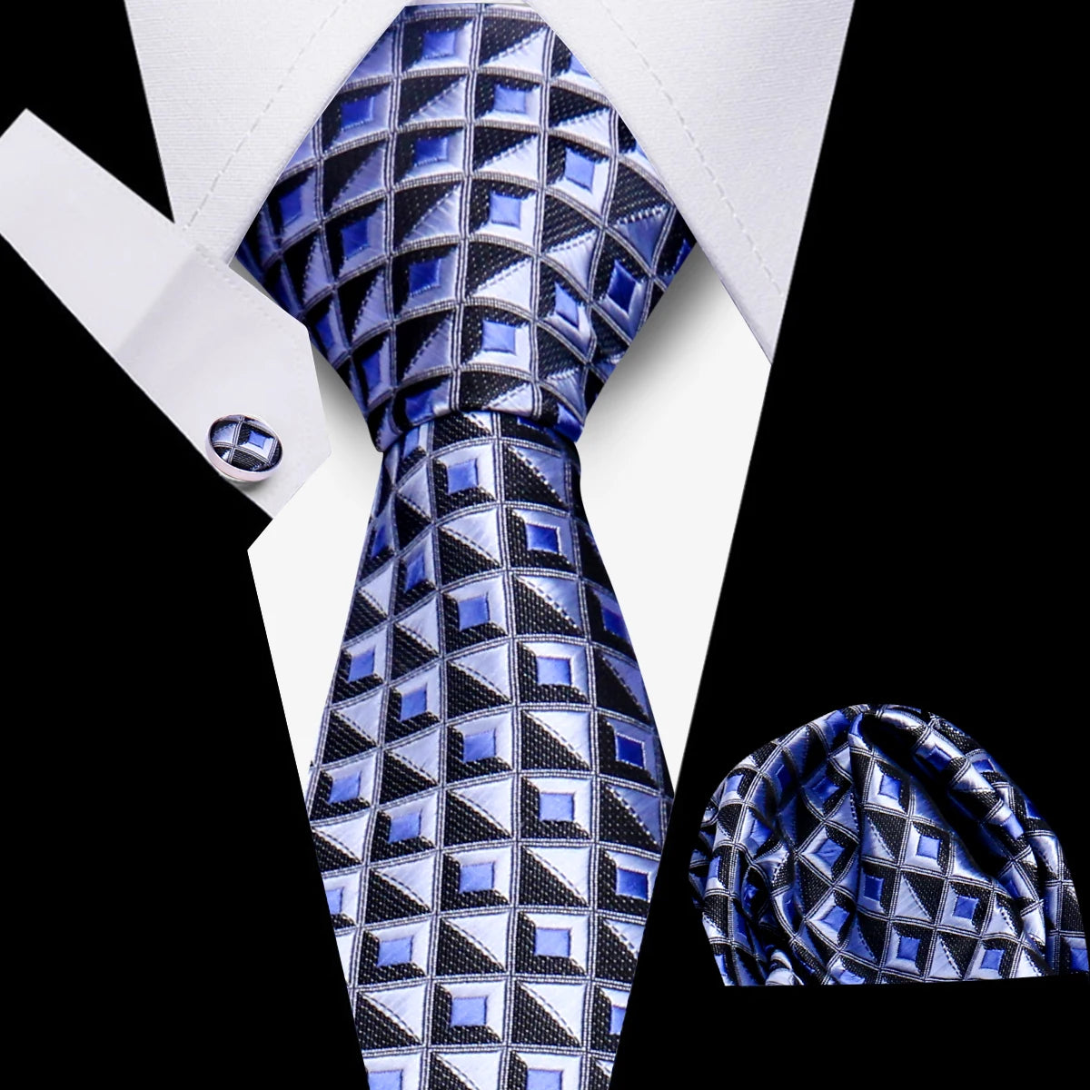 Men's Business Necktie Set Classic Plaid Cufflinks Handkerchief