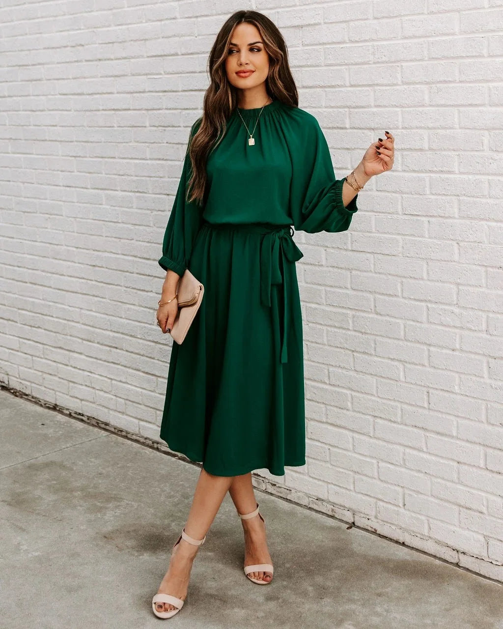 Green Long-Sleeve Midi Dress