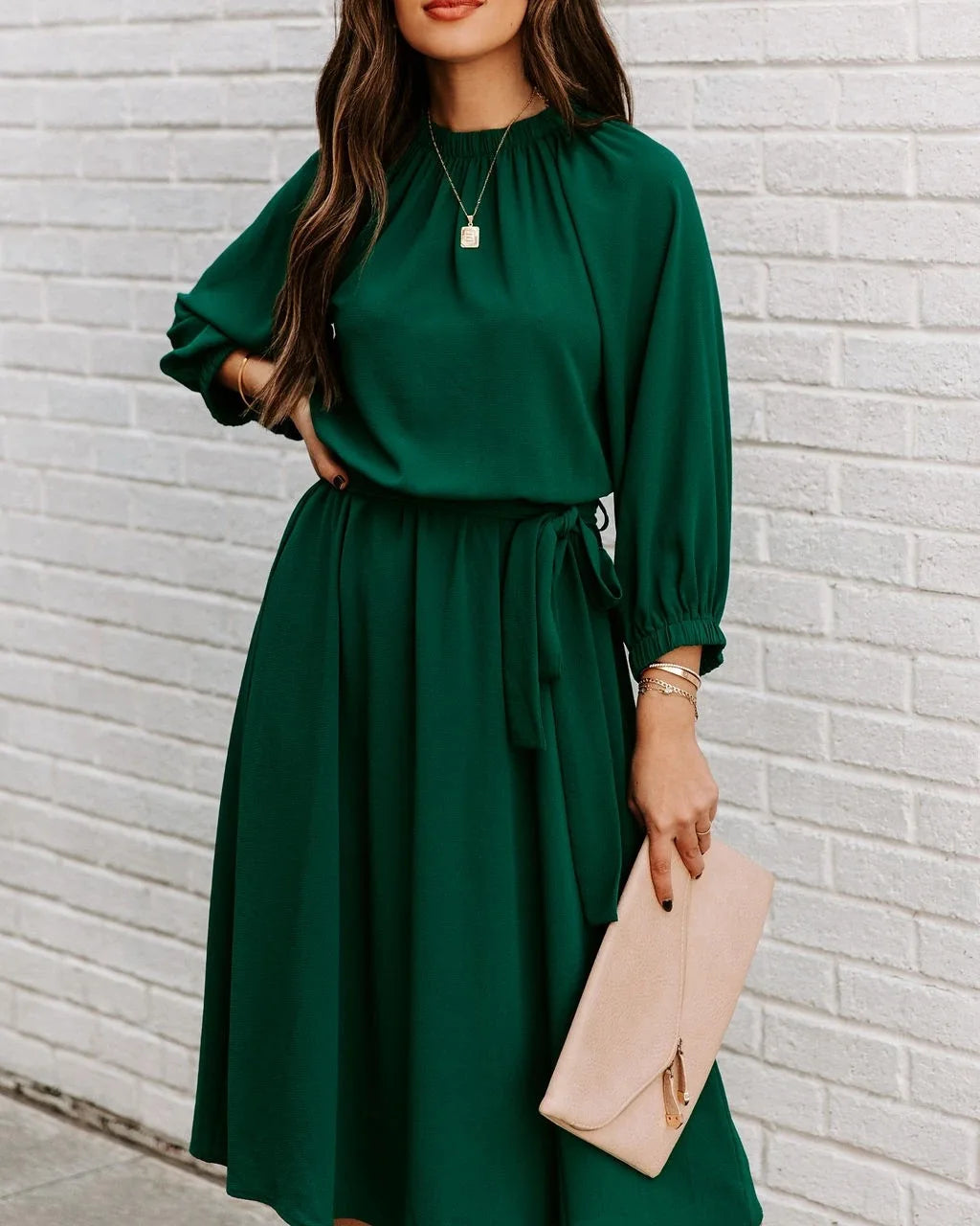 Green Long-Sleeve Midi Dress