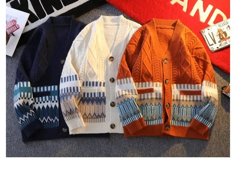 Retro Patchwork V-Neck Cardigan