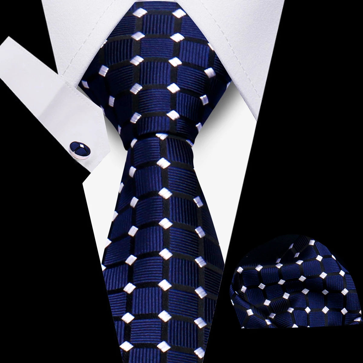 Men's Business Necktie Set Classic Plaid Cufflinks Handkerchief