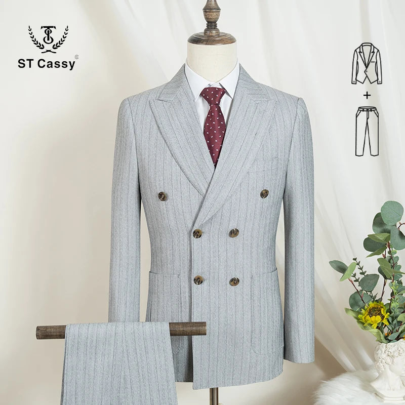 Men's Striped Double-Breasted Suit-Formal Occasion