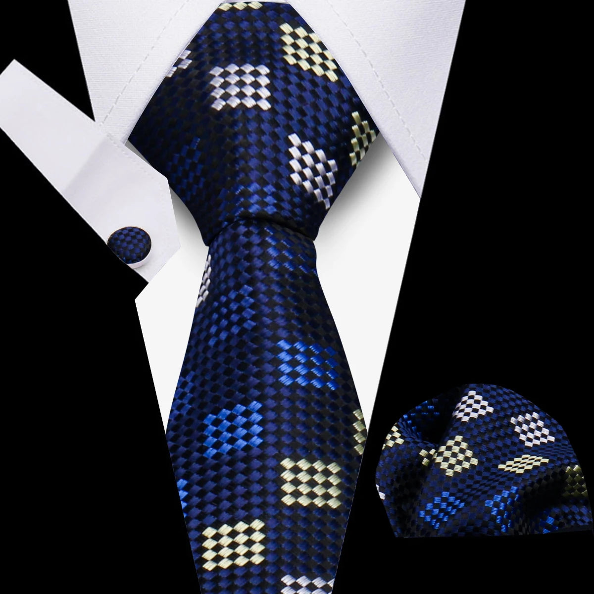 Men's Business Necktie Set Classic Plaid Cufflinks Handkerchief