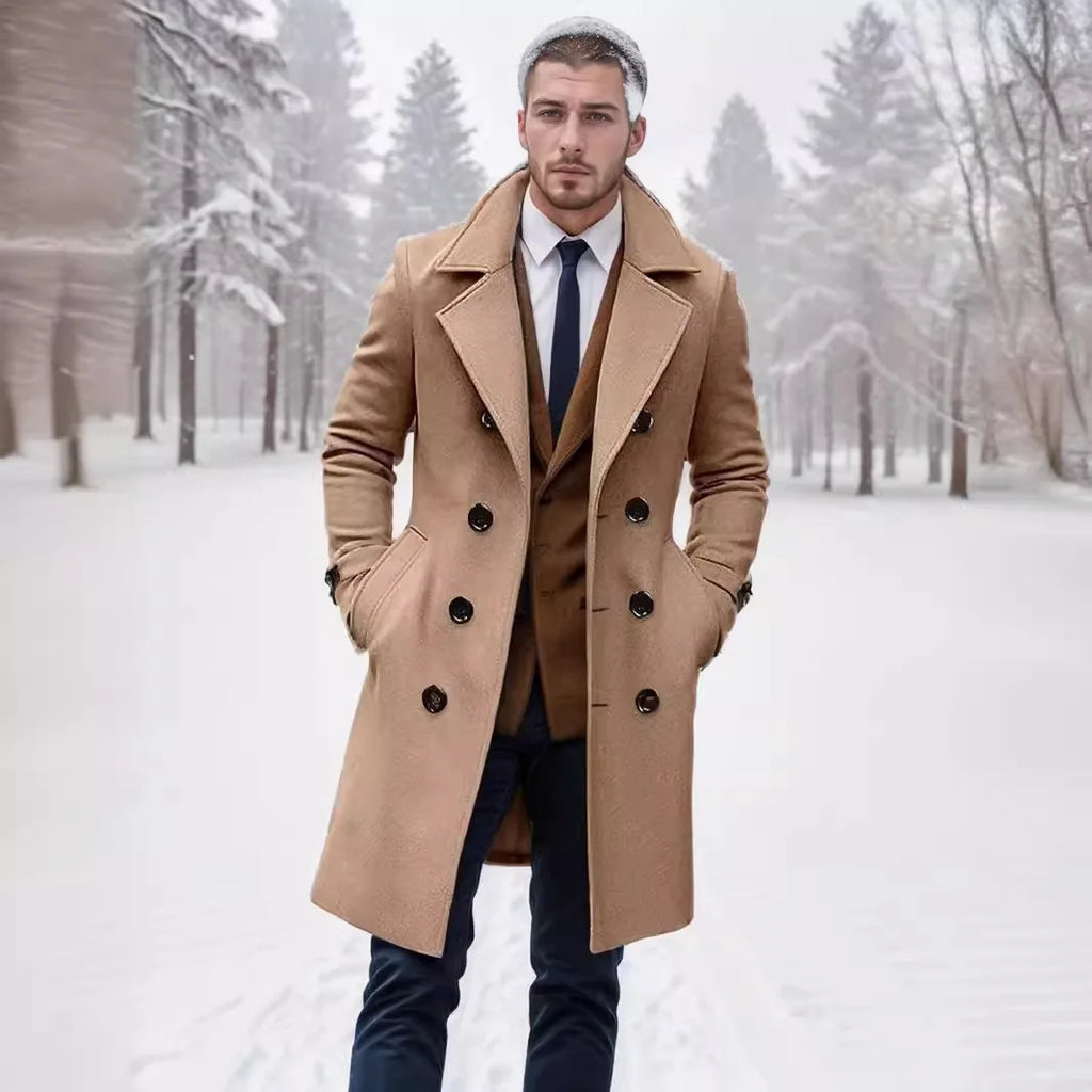 Men’s Double-Breasted Long Overcoat – Winter Outerwear