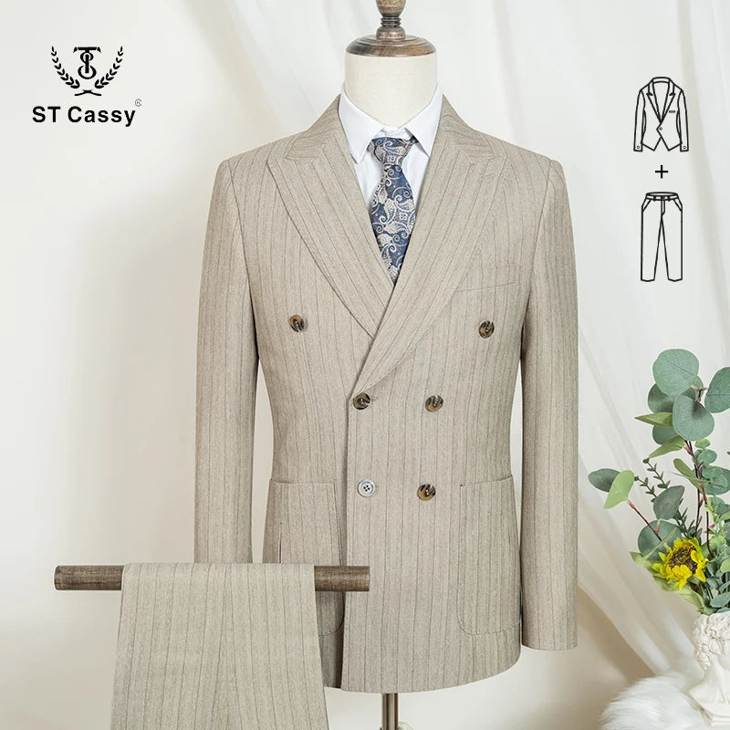 Men's Striped Double-Breasted Suit-Formal Occasion