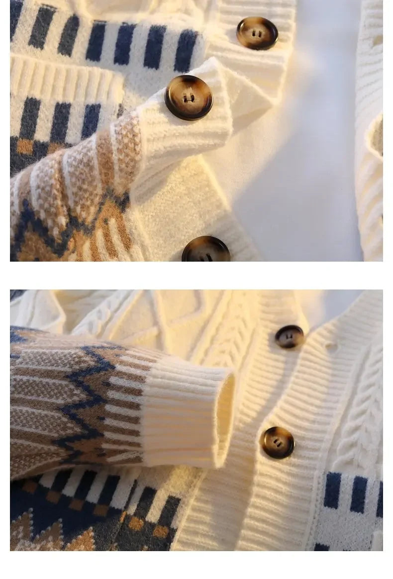 Retro Patchwork V-Neck Cardigan