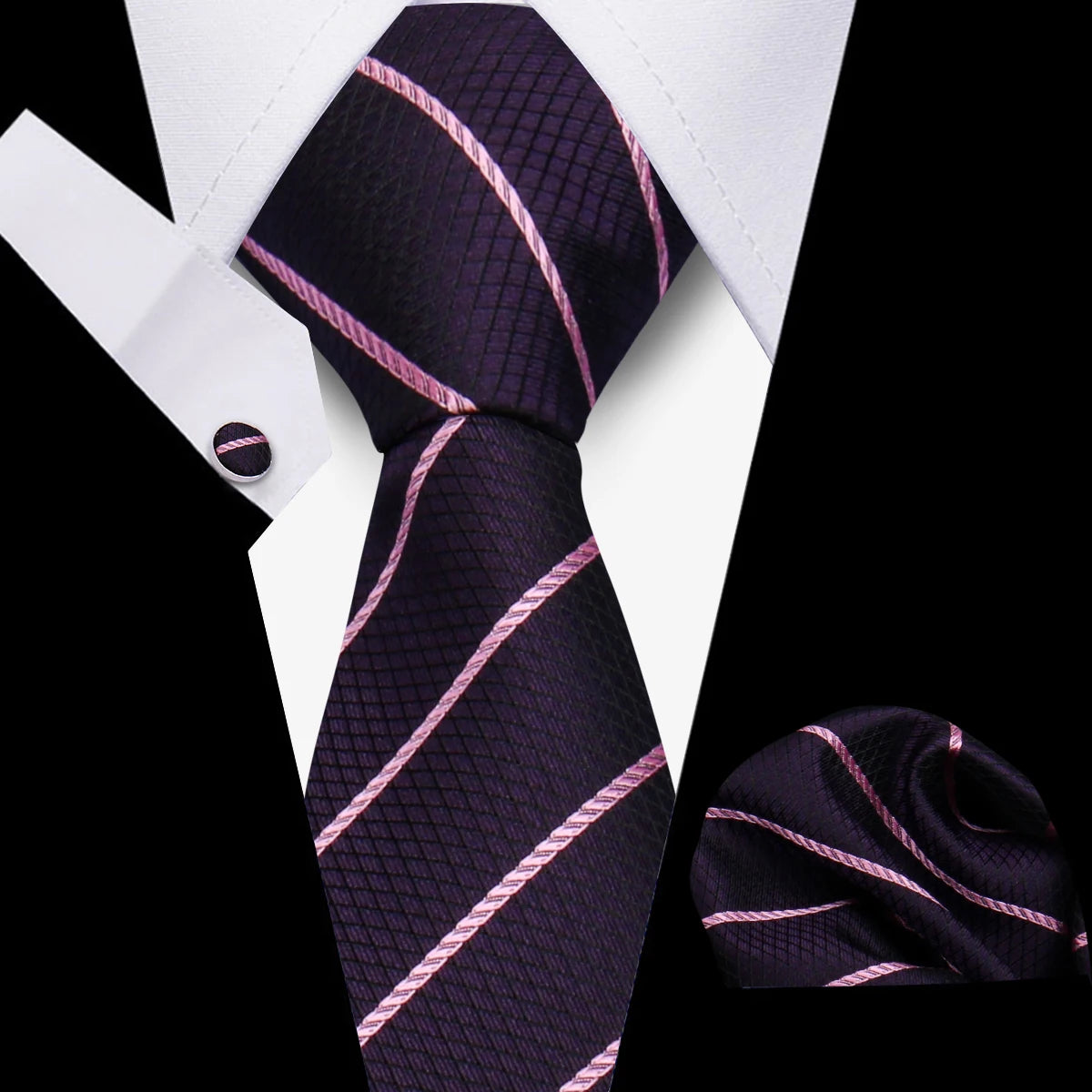 Men's Business Necktie Set Classic Plaid Cufflinks Handkerchief