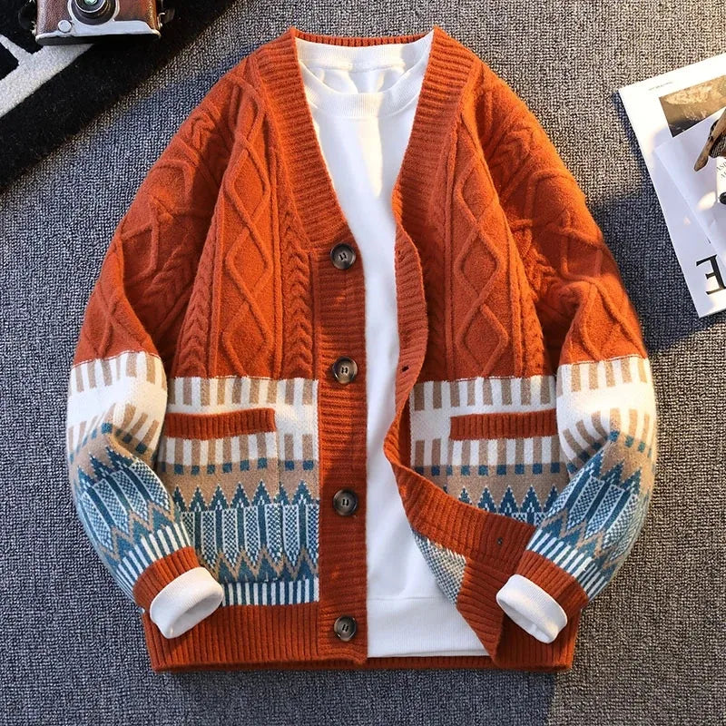Retro Patchwork V-Neck Cardigan