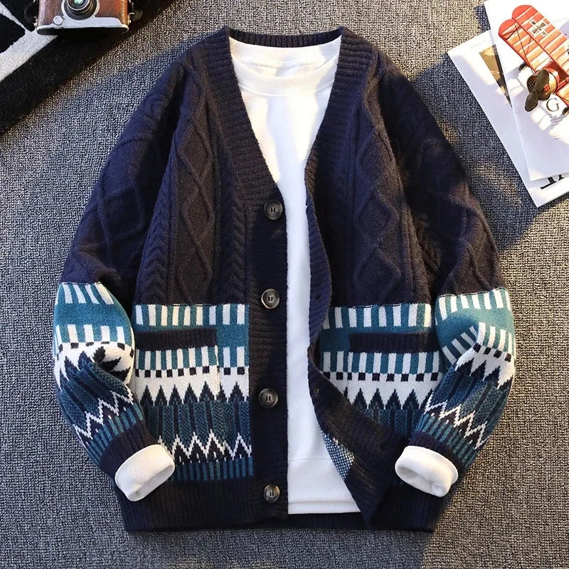 Retro Patchwork V-Neck Cardigan