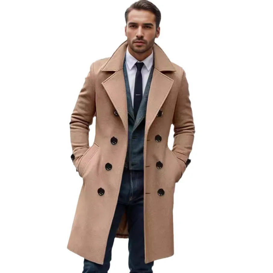 Men’s Double-Breasted Long Overcoat – Winter Outerwear