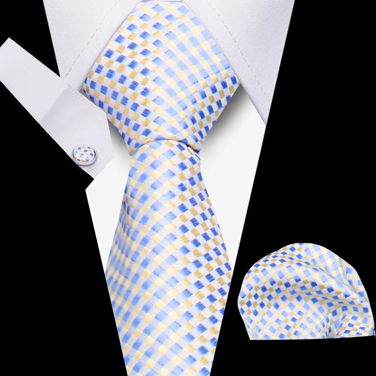 Men's Business Necktie Set Classic Plaid Cufflinks Handkerchief
