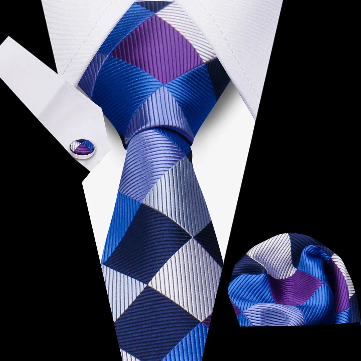 Men's Business Necktie Set Classic Plaid Cufflinks Handkerchief